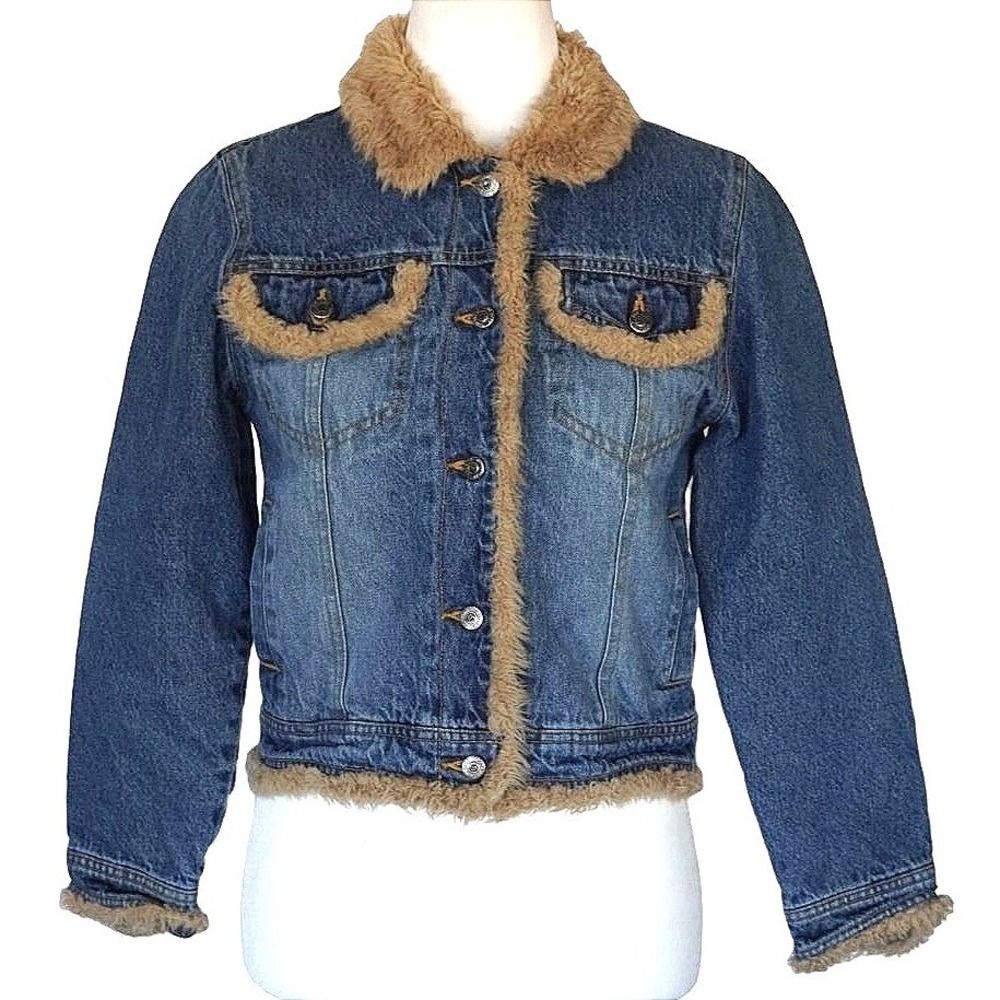 Y2K‎ Amy Byer Denim Jacket Women Size M Blue Faux Fur Trim Quilted Western Coat